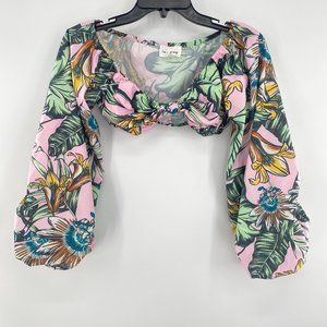 Love + Harmony Long Puff Sleeve Floral Banana Leaves Printed Bralette Top Medium